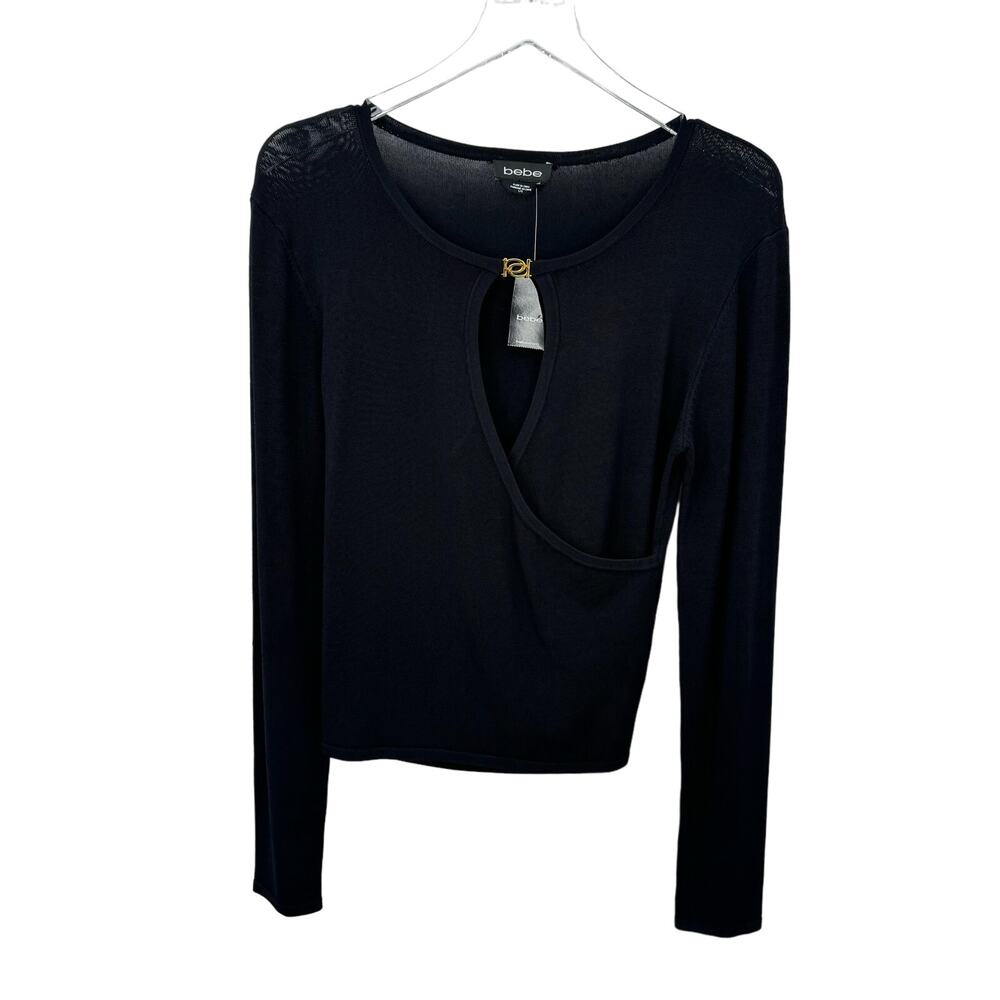 Bebe sweater top women's L wrap cutout pullover rib knit crew black NEW